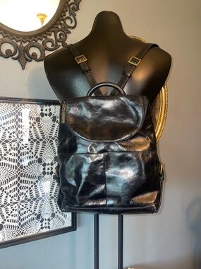 Vintage HOBO Black Leather Backpack with Flap Closure